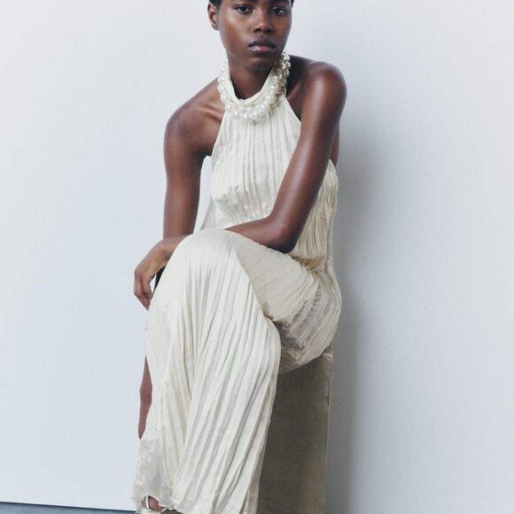 Zara Cream Pleated Maxi Dress - Sleeveless High Neck - Picture 5 of 6